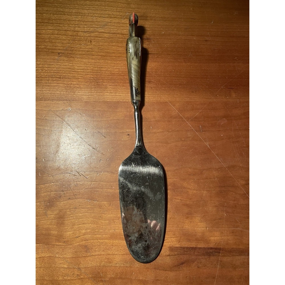 Rare Vintage Carved Bird Heron  Handle Pie Server Inlaid Metal Blade Mid-Century